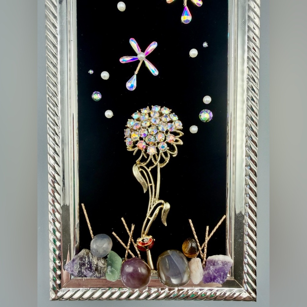 Handmade Vintage Dandelion Jewelry Art Rhinestone Flower Crystals Ladybug - Picture 3 of 7
